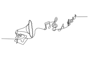 Continuous one line drawing of old retro analog gramophone with music note. Single line drawing illustration vinyl gramophone with note. Vintage music concept vector art. Doodle line illustration.