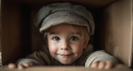 a happy boy playing in a cardboard box, wearing a cap, looking at the camera
