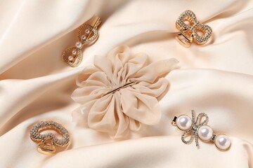Beautiful hair clips on beige fabric, above view