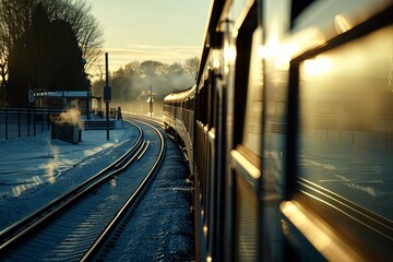 Fototapeta premium Train journey at sunrise along snowy tracks with steam rising from the station