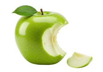Green apple with bite isolated fresh fruit healthy eating isolated on white background