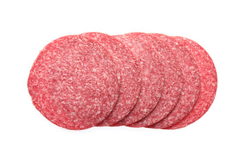 Slices of tasty smoked sausage isolated on white, top view