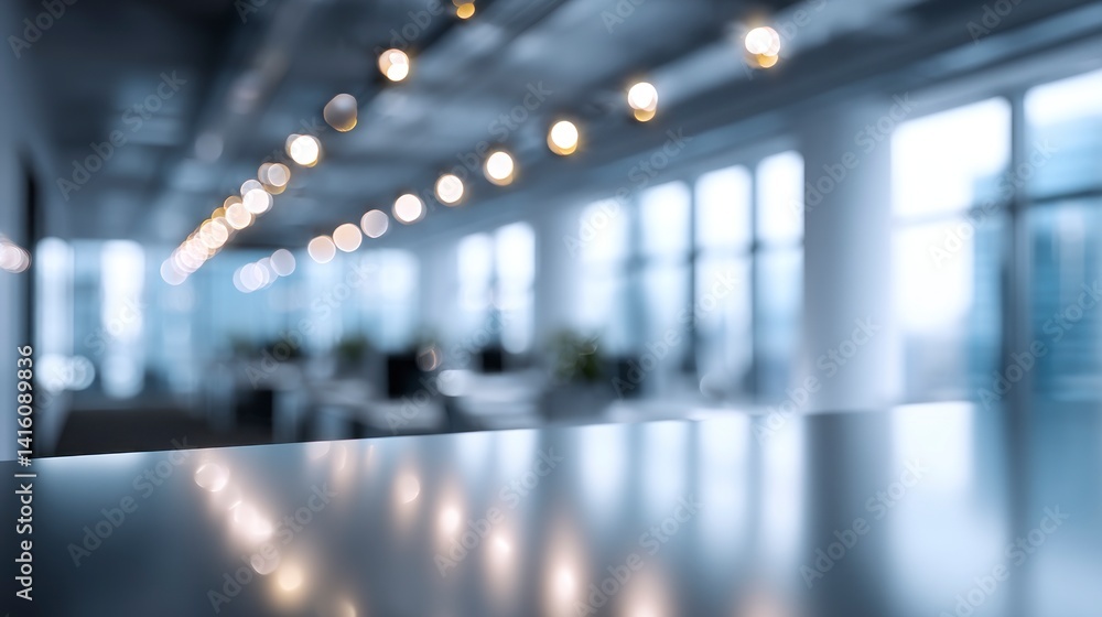 Poster blurred modern office space with reflective desk and string lights