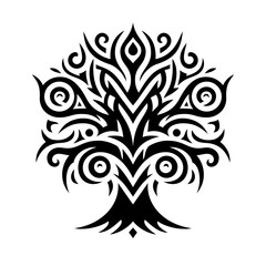 Decorative black ornate stencil design of a Celtic tree logo isolated on transparent background. Tribal tattoo style botanical brand identity logotype. Neotribal Polynesian art Illustration. 