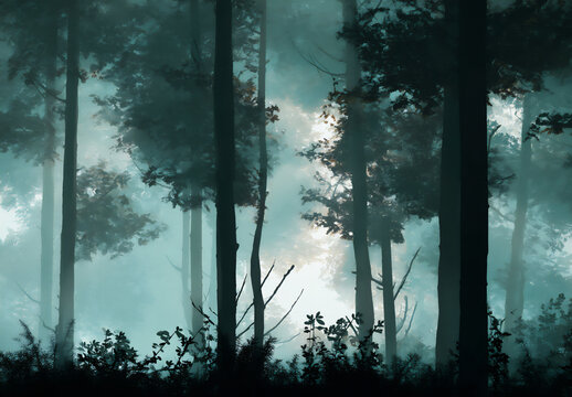 a misty forest scene with tall trees and soft light filtering through the leaves