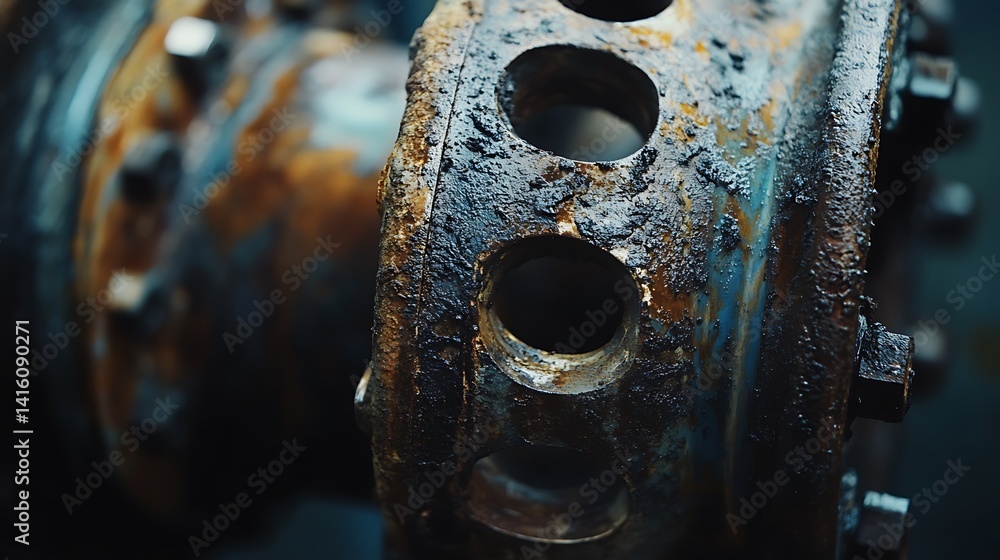Poster examining close-up of weathered metal connection with rust and stains