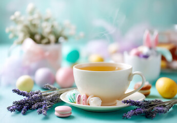 Fototapeta premium a photo of an easter-themed tea party with pastel-colored decorations, lavender sprigs