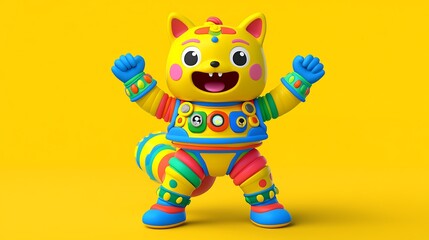 Colorful Cartoon Cat Character with Happy Expression on Yellow Background