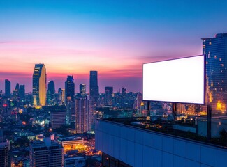 Blank Billboard on Rooftop: Serene Cityscape at Dusk