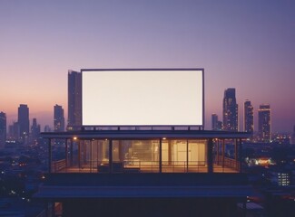 Obraz premium Blank Billboard on Rooftop: Cityscape at Dusk