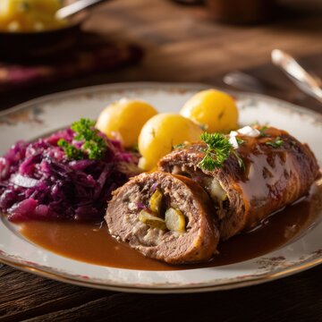 Rinderroulade mit Rotkohl und Salzkartoffeln