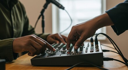 Hands on Sound: Audio Engineers Mixing Music on a Mixing Console

The image focuses on the hands of two individuals working on a mixing console. The presence of a microphone suggests a recording studi
