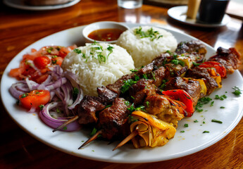 a plate of peruvian-style kebab with rice, tomatoes, and onions on the side