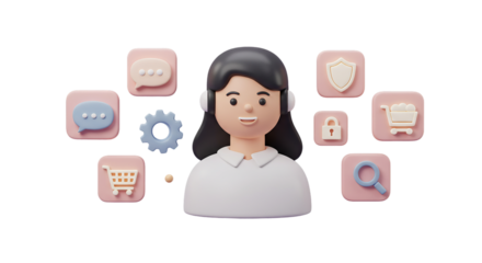Cartoon woman with headset surrounded by e commerce icons on a black background in a rendered style