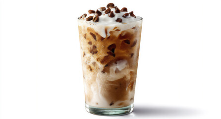 a realistic photograph of an iced coffee with cream and chocolate chips, against a white background