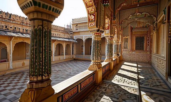 Elaborate hallway with a courtyard view, intricate details, and a checkered floor pattern