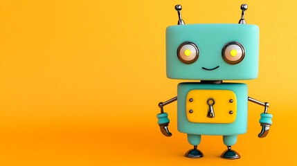 Naklejka premium Cheerful Robot Character with Lock Feature on Vibrant Yellow Background