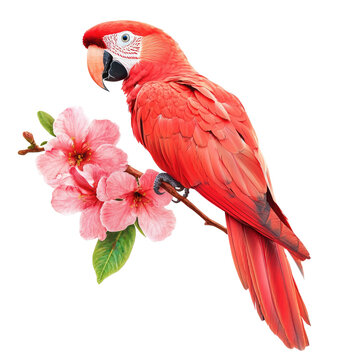 Vibrant red parrot perched on a flowering branch