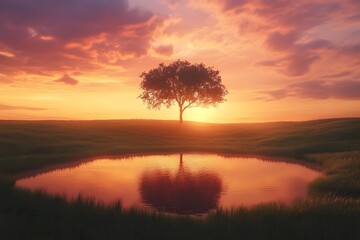 Naklejka premium A solitary tree reflected in a still pond at sunset with a colorful sky and peaceful landscape view