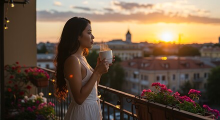 a beautful cheerful girl enjoy sunset view with a cup of coffee or tea on her hand from balcony 