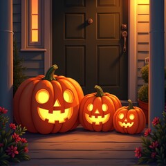 Obraz premium A jack o lantern family sitting on a porch with warm glow as if chatting in cozy Halloween scene