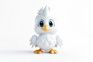 Fototapeta premium Cute cartoon chick, fluffy and cheerful. Small, white bird character, standing in front. 3D rendered, digitally created, and isolated on white background