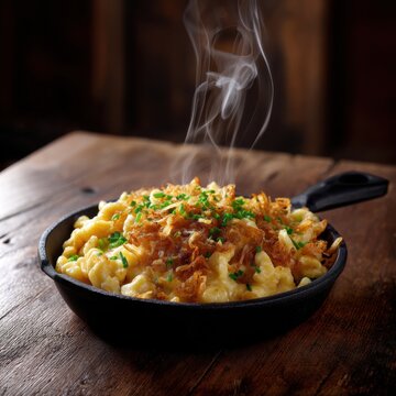K&auml;sesp&auml;tzle mit R&ouml;stzwiebeln und Dampf in rustikaler Pfanne