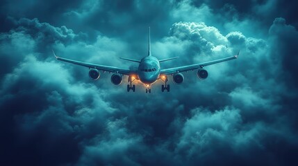 Naklejka premium Plane ascends through dark clouds. Lights piercing through moody blue backdrop