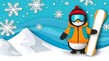 Playful Penguin with Snowboard in Winter Wonderland Background