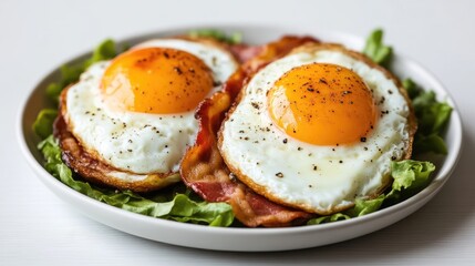 Fried eggs with crispy bacon and fresh lettuce. Two sunny-side-up eggs, perfectly cooked, sit atop slices of crispy bacon on a bed of fresh lettuce. 