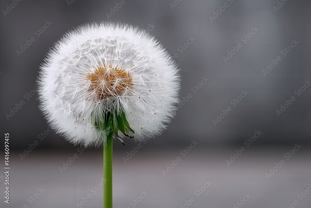 Poster macro closeup of a dandelion seed head with fine details and soft background capturing botanical str