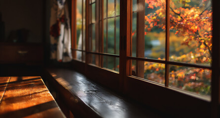 japanese-style window with a view of autumn leaves, inside a japanese home