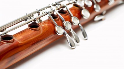 Obraz premium A detailed close-up of the wooden body and silver keywork of a Bb clarinet, against a white background.