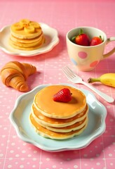 A colorful breakfast setup with pancakes, strawberries, a banana, and a croissant, arranged on a pink grid-patterned background. 