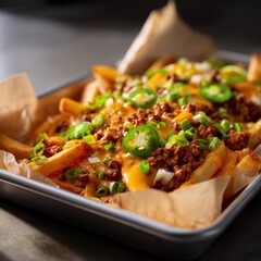Chili-Cheese Fries mit Hackfleisch und Jalapeños