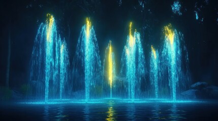 Fototapeta premium Glowing cave fountains, night scene, fantasy