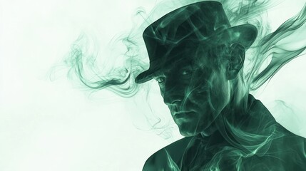Mysterious man, smoke portrait, white background, for mystery novel cover