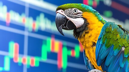 Colorful Parrot with Stock Market Background and Graph Trends