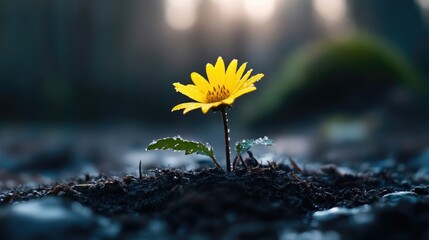 A single vibrant yellow flower emerging from the earth