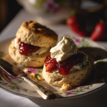 Scones mit Erdbeermarmelade und Sahne