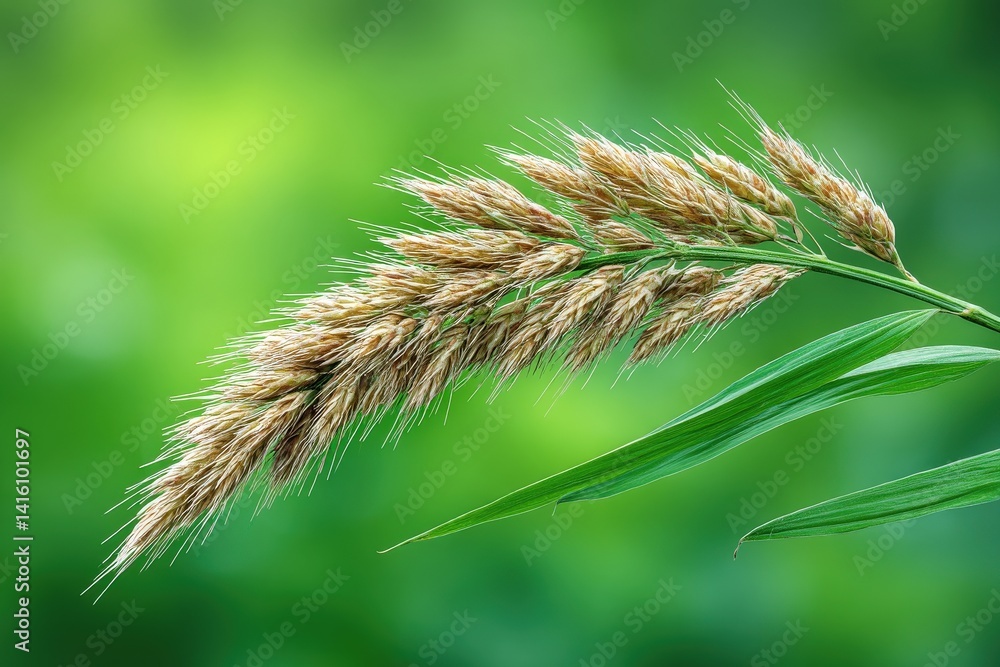 Poster close up of single green grain stalk in sharp focus with blurred grass in background under soft dayl