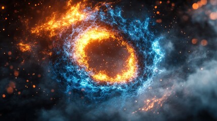 Obraz premium Fiery ice ring cosmic swirl, dark space background, energy design