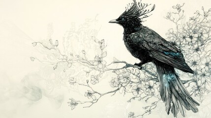 Fototapeta premium Majestic bird, floral branch, artistic sketch, design element