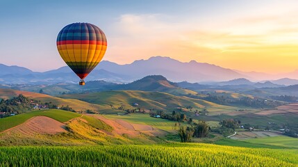 Fototapeta premium Colorful Hot Air Balloon Over Scenic Landscape at Sunset