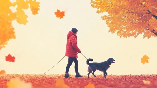 Autumn Stroll: Woman Walking Dog in Colorful Fall Foliage
