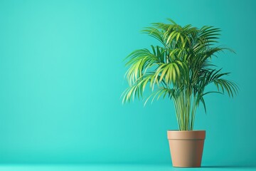 Obraz premium Single potted palm tree against a vibrant teal backdrop.