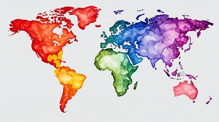Colorful Watercolor World Map with Vibrant Shades and Details