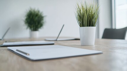Modern minimalist workspace with laptop and plants
