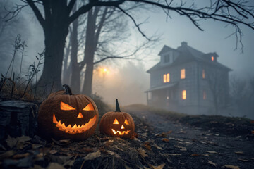 Two pumpkins with glowing eyes are on the ground in front of a house