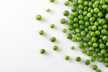 Green peas are scattered on the white background on the right